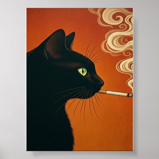 ビンテージな煙草を吸う黒猫 ポスター (正面)