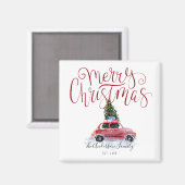 ビンテージな赤い車のクリスマスマグネット マグネット (正面/裏面)