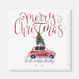 ビンテージな赤い車のクリスマスマグネット マグネット