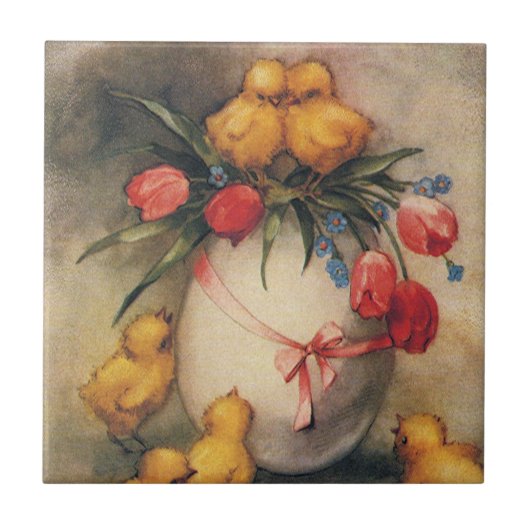 ビンテージのイースターの子ウサギ、赤いチューリップの花の卵 タイル (正面)