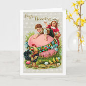 ビンテージのイースターの子供の卵のひよこ カード (黄色い花)