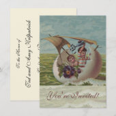 ビンテージのイースターカード　子供と卵の船出 招待状 (正面/裏面)
