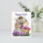 ビンテージのイースターガールとチューリップの花 シーズンポストカード (スタンド正面)
