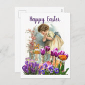 ビンテージのイースターガールとチューリップの花 シーズンポストカード (正面/裏面)