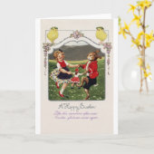 ビンテージのイースターガール ウサギの子 カード (黄色い花)