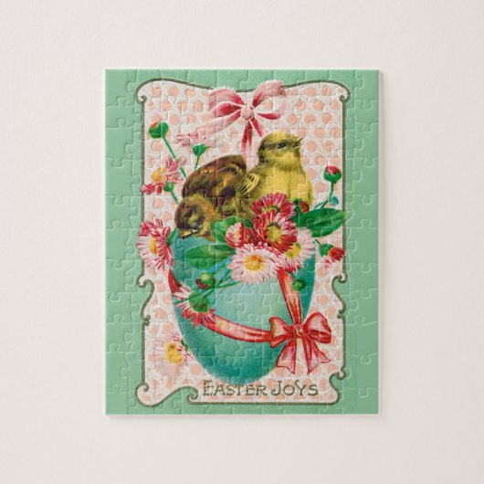 ビンテージのイースターグリーティング チキンとイースターエッグ ジグソーパズル (縦)