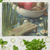 ビンテージのイースターバニーたちを乗せた船とイースターエッグ キッチンタオル (折り畳み)