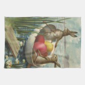 ビンテージのイースターバニーたちを乗せた船とイースターエッグ キッチンタオル (横)