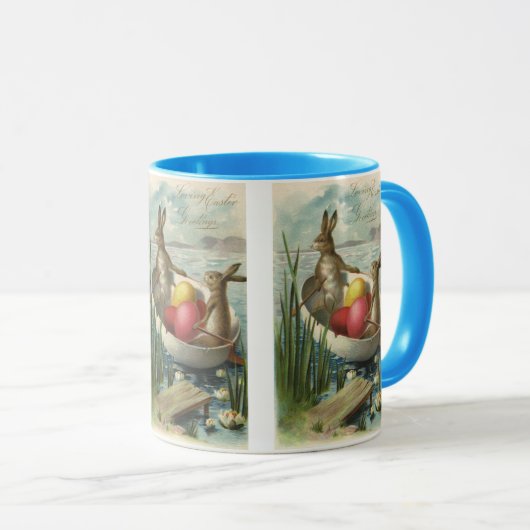 ビンテージのイースターバニーたちを乗せた船とイースターエッグ マグカップ (正面右)