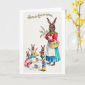 ビンテージのイースターバニー ファミリーとチック カード (黄色い花)