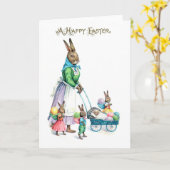 ビンテージのイースターバニー ファミリー カード (黄色い花)