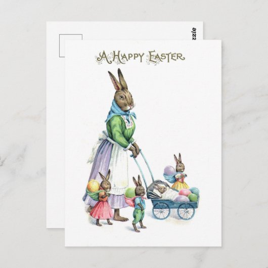 ビンテージのイースターバニー ファミリー ポストカード (正面/裏面)