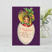 ビンテージのイースター、ビクトリア時代の少女が卵の中で帽子をかぶる 招待状 (スタンド正面)