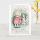 ビンテージのイースター 少女とウサギ カード (黄色い花)