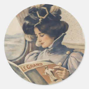 ビンテージのエドワード朝の列車の中で本を読む女性 ラウンドシール
