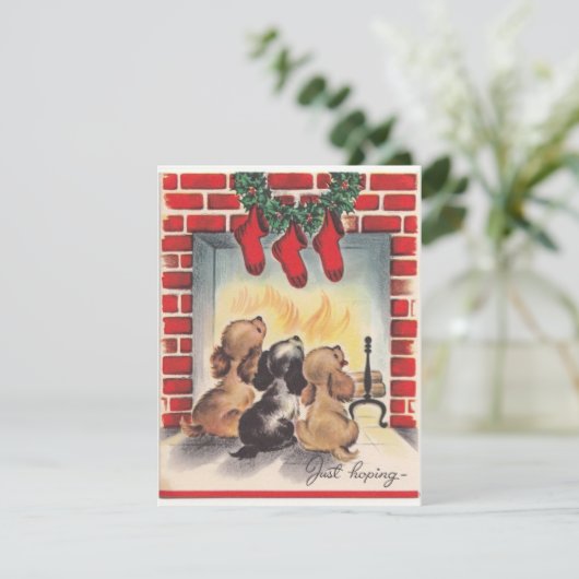 ビンテージのクリスマスの子犬がサンタを待つ シーズンカード (スタンド正面)