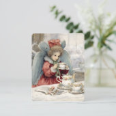 ビンテージのクリスマスエンジェルがお茶を飲む シーズンカード (スタンド正面)