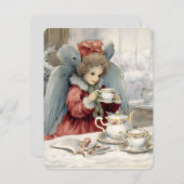 ビンテージのクリスマスエンジェルがお茶を飲む シーズンカード (正面/裏面)