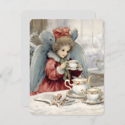 ビンテージのクリスマスエンジェルがお茶を飲む シーズンカード (正面/裏面)