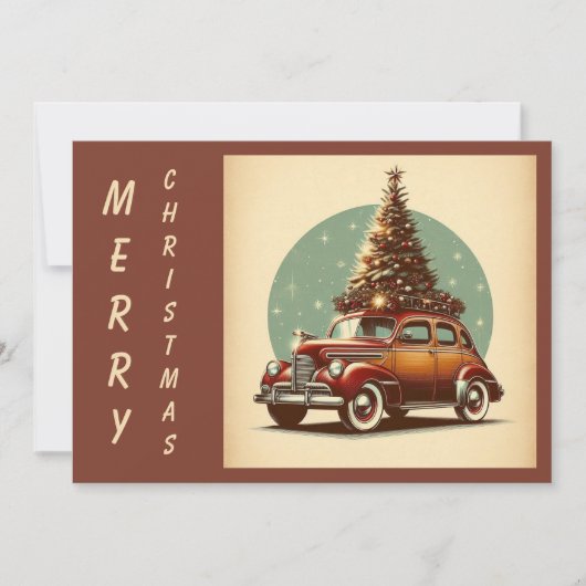 ビンテージのクリスマスクラシック車と木 シーズンカード (正面)
