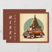 ビンテージのクリスマスクラシック車と木 シーズンカード (正面/裏面)
