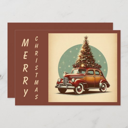 ビンテージのクリスマスクラシック車と木 シーズンカード (正面/裏面)