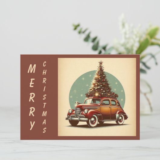 ビンテージのクリスマスクラシック車と木 シーズンカード (スタンド正面)