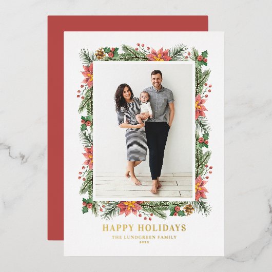 ビンテージのクリスマススプレーと松の葉の写真 箔シーズンカード (正面/裏面)