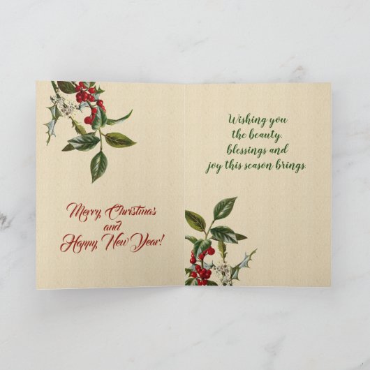 ビンテージのクリスマスバードが木を飾る シーズンカード (内部)