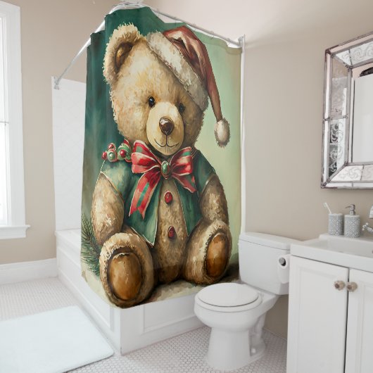 ビンテージのクリスマス テディベア シャワーカーテン (インサイチュ)