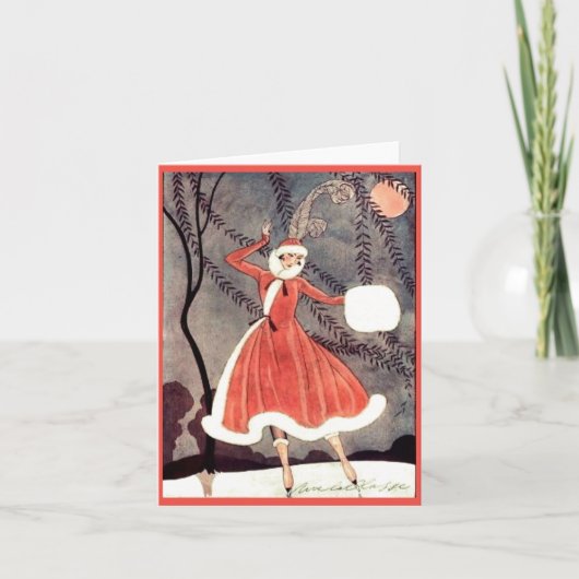 ビンテージのスケートを履く女性のクリスマスカード シーズンカード (正面)