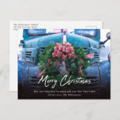ビンテージのターコイズトラックにリースを飾って メリークリスマス ホー シーズンポストカード (正面/裏面)