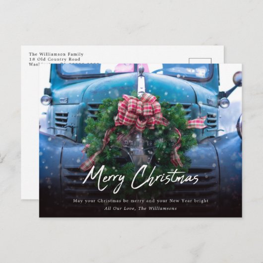 ビンテージのターコイズトラックにリースを飾って　メリークリスマス　ホー シーズンポストカード (正面/裏面)