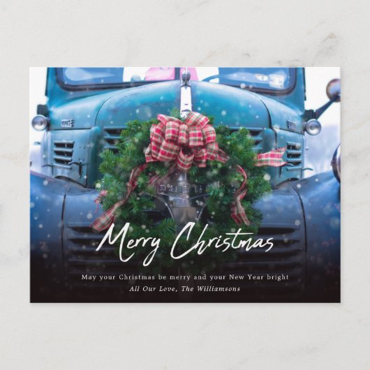 ビンテージのターコイズトラックにリースを飾って メリークリスマス ホー シーズンポストカード (正面)