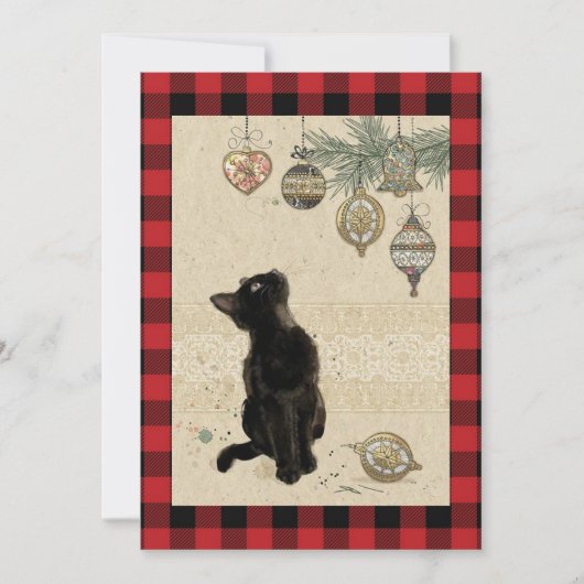 ビンテージのチェック柄 黒猫がオーナメントを見ている シーズンカード (正面)