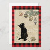 ビンテージのチェック柄 黒猫がオーナメントを見ている シーズンカード (正面/裏面)