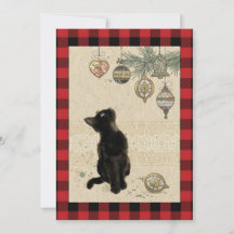 ビンテージのチェック柄 黒猫がオーナメントを見ている