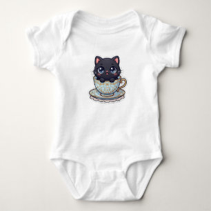 ビンテージのティーカップの赤ちゃん 黒猫 かわいい ベビーボディスーツ