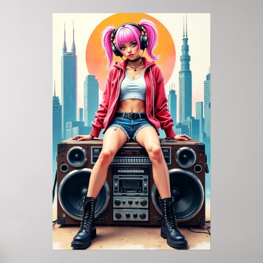 ビンテージのテープレコーダーの上の少女 ポスター (正面)