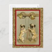 ビンテージのパグが新年の鐘を鳴らす シーズンポストカード (正面/裏面)