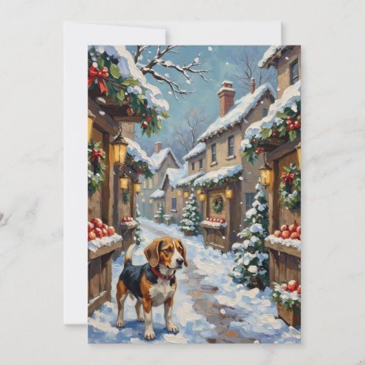 ビンテージのビグル犬が雪の降るクリスマス市で シーズンカード (正面)