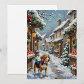 ビンテージのビグル犬が雪の降るクリスマス市で シーズンカード (正面/裏面)