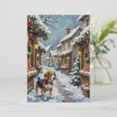 ビンテージのビグル犬が雪の降るクリスマス市で シーズンカード (スタンド正面)