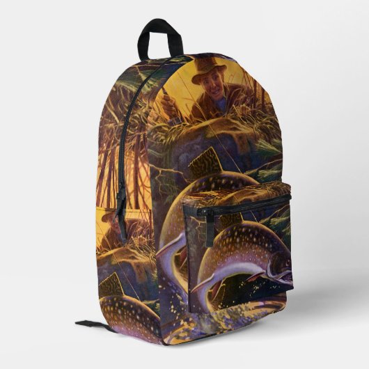 ビンテージのブルックトラウトフィッシュフィッシャーマン、スポーツフィッシング プリントバックパック (裏面左端)