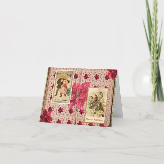 ビンテージのプワンセチアと鳥と子供たち シーズンカード (正面)