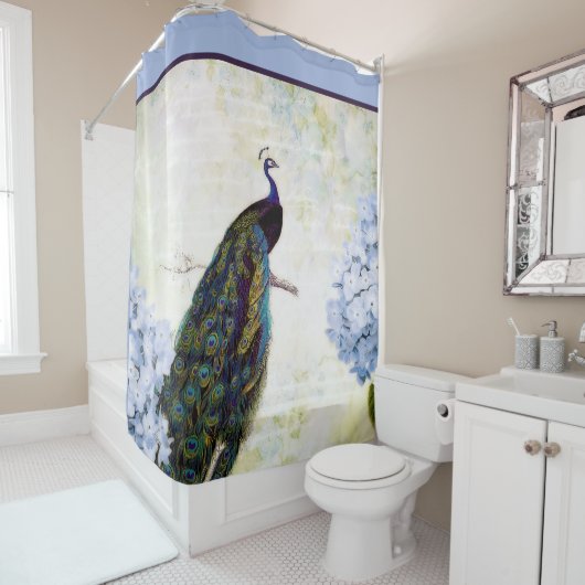 ビンテージの孔雀とアジサイのシャワーカーテン シャワーカーテン (インサイチュ)