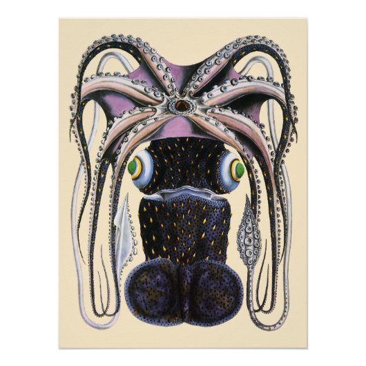 ビンテージの巨大なイカまたはタコの海洋生物 ポスター (正面)