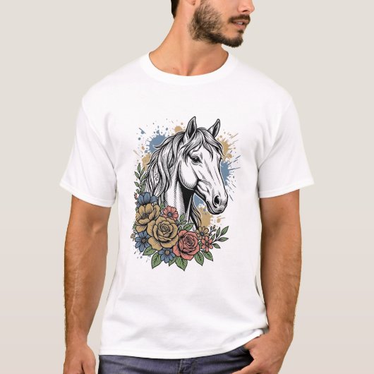ビンテージの彫刻風馬の花のベクターTシャツデザイン Tシャツ (正面)