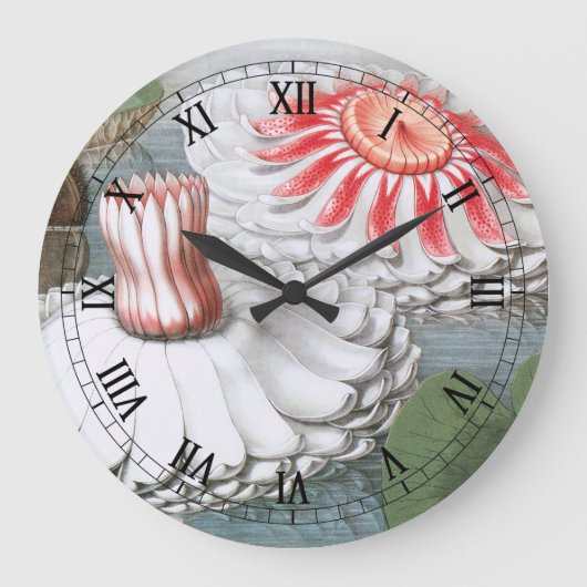 ビンテージの水面に咲く睡蓮の花 ラージ壁時計 (正面)