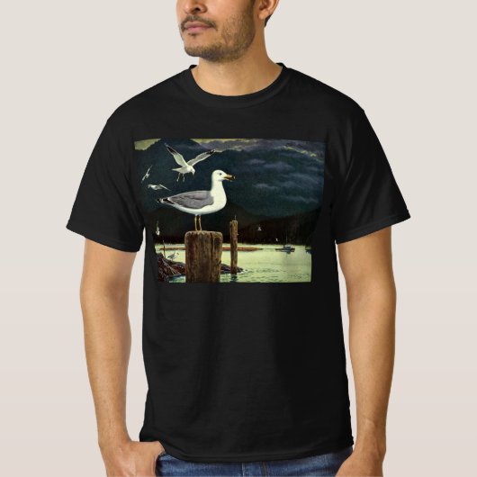 ビンテージの波止に止まるアジサシ、海洋の動物 Tシャツ (正面)